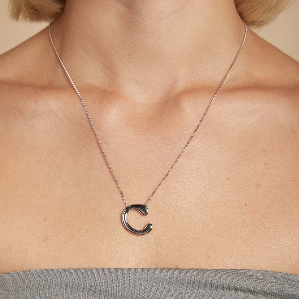 C Initial Bold Pendant Necklace in Silver