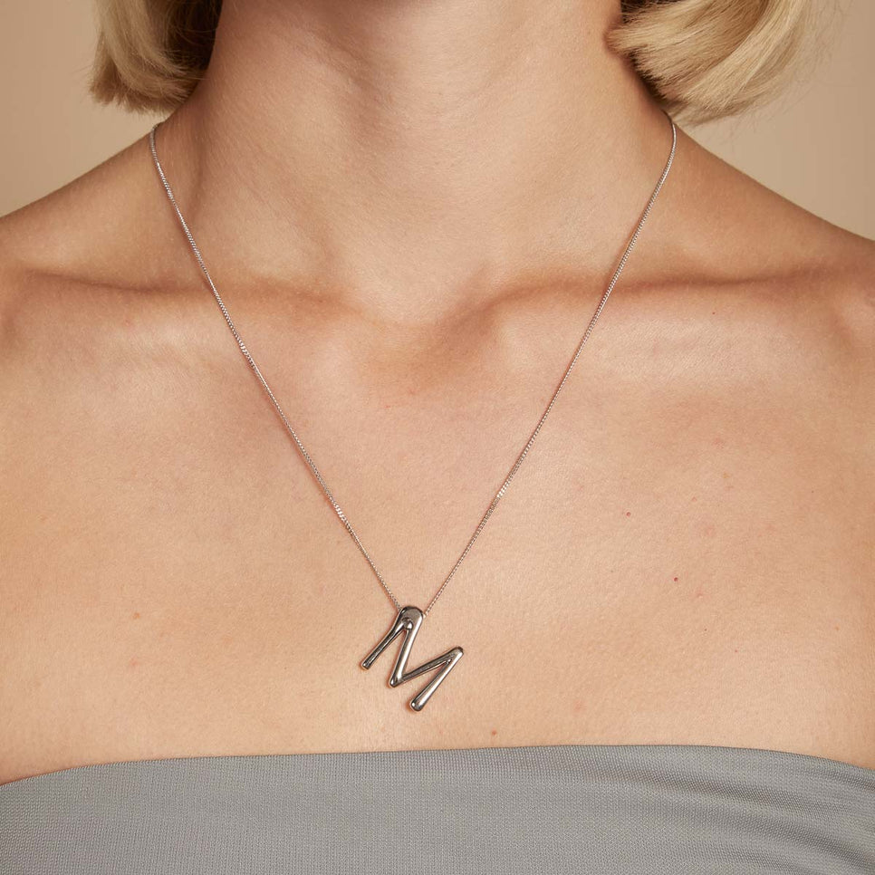 M Initial Bold Pendant Necklace in Silver