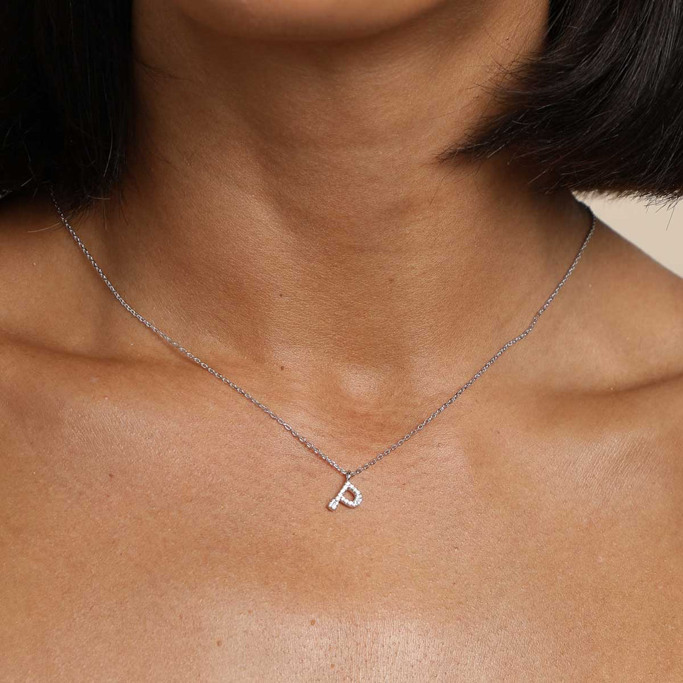 P Initial Pavé Pendant Necklace in Silver