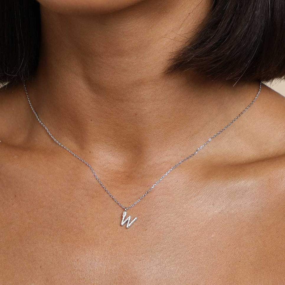 W Initial Pavé Pendant Necklace in Silver