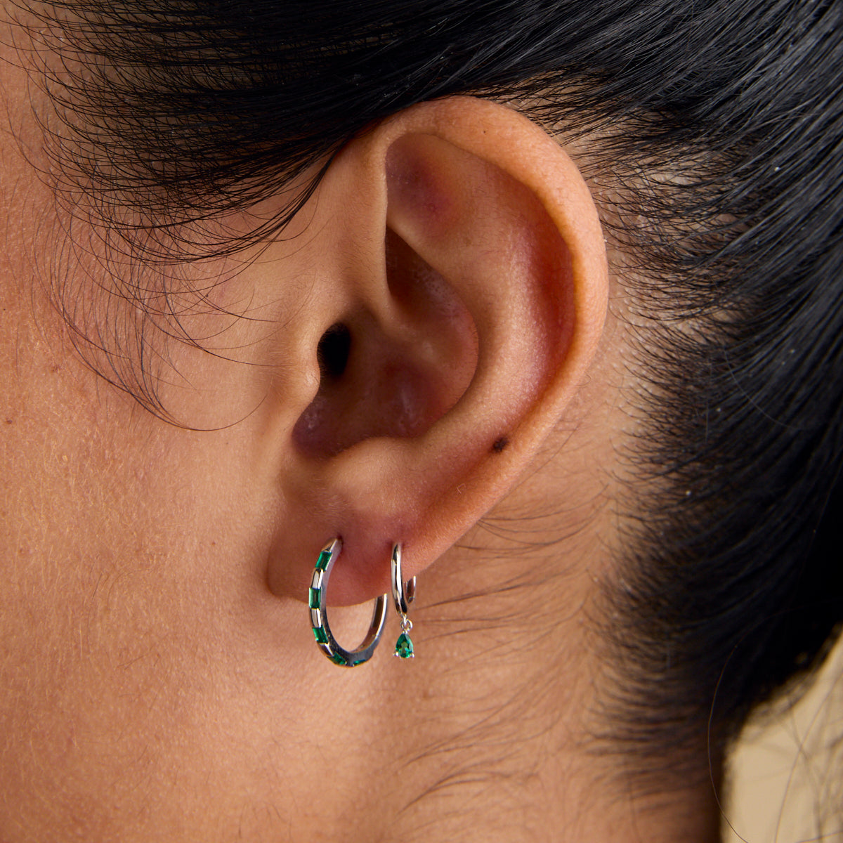 Emerald Baguette Hoops in Solid White Gold