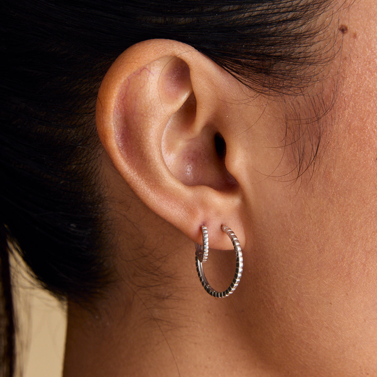Ridged Hoops in Solid White Gold