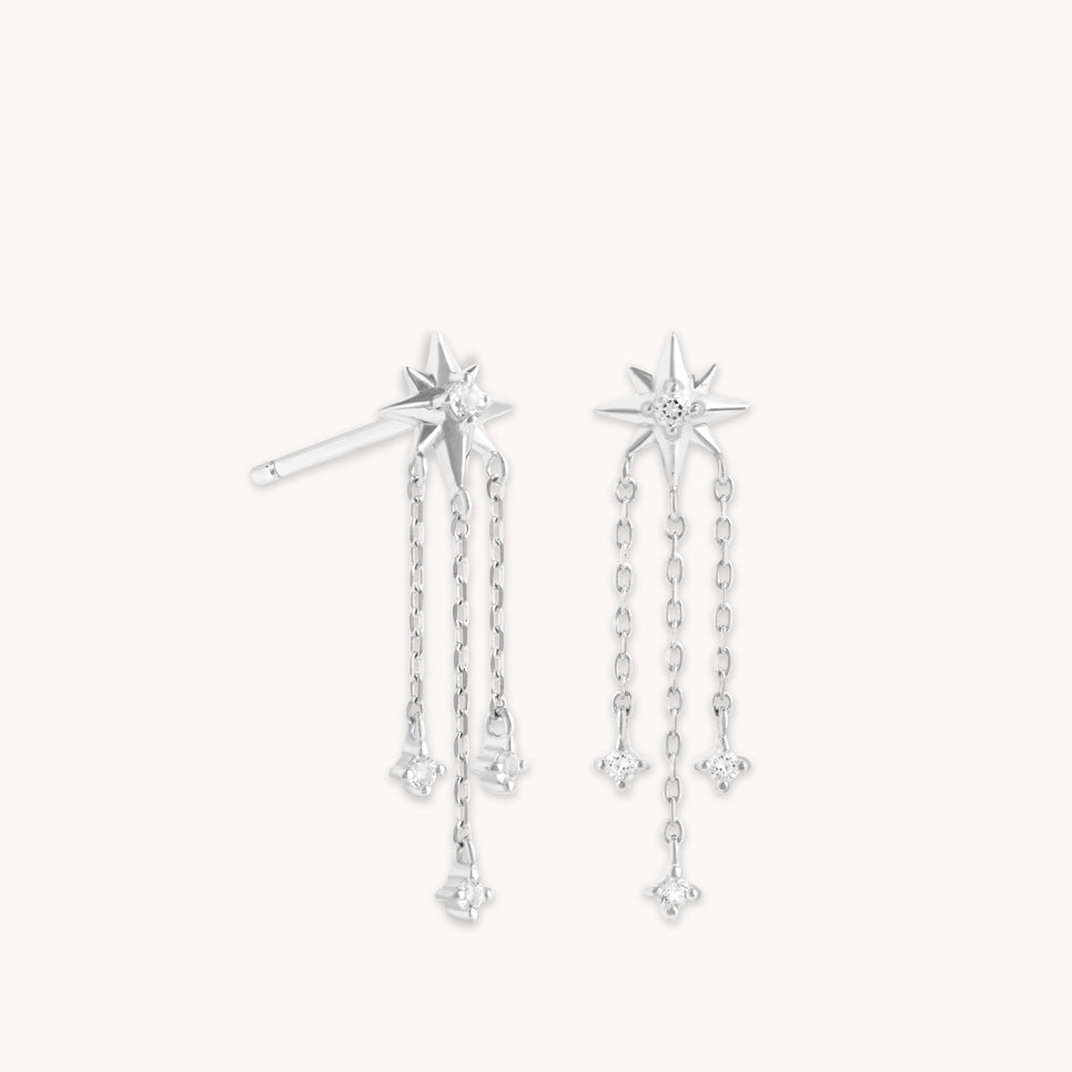 Shooting Star Chain Drop Studs in Solid White Gold