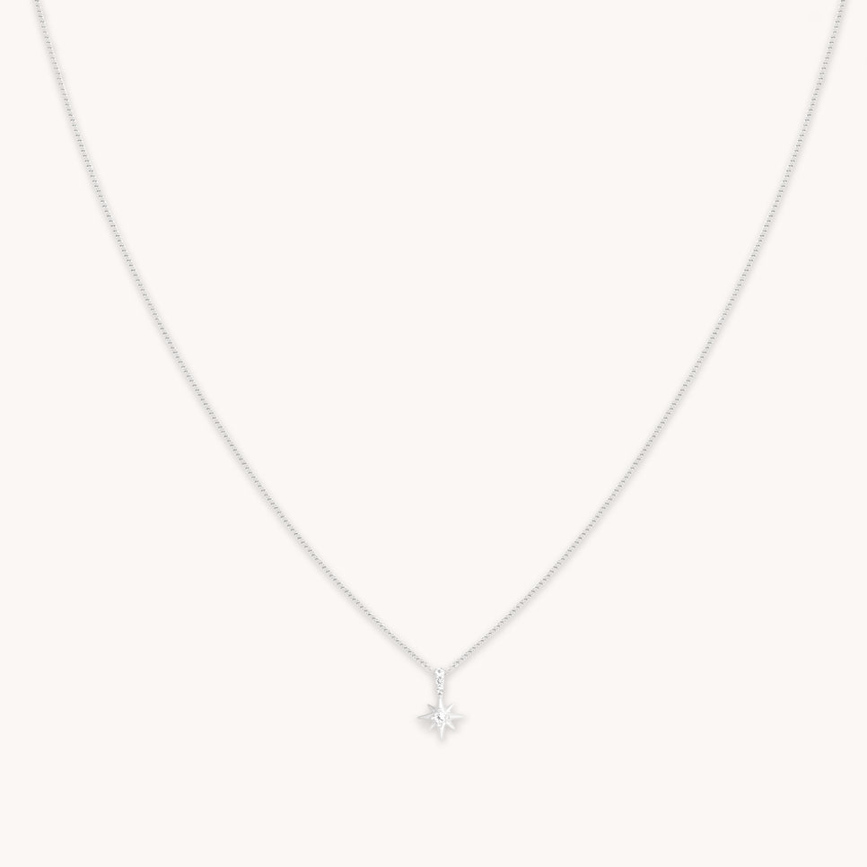 White Topaz Star Pendant Necklace in Solid White Gold