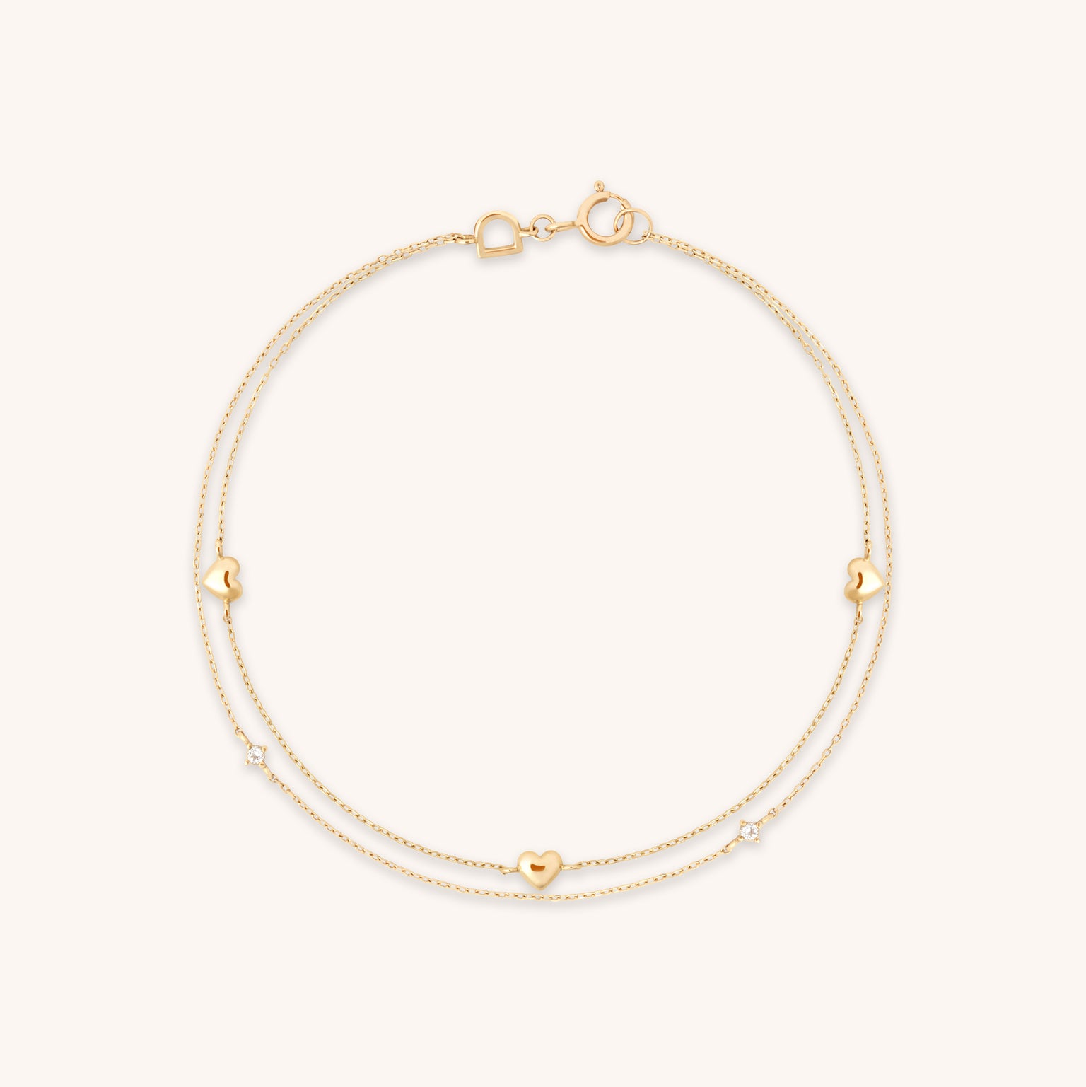 Heart Charm Double Chain Bracelet in Solid Gold