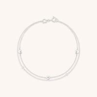 Heart Charm Double Chain Bracelet in Solid White Gold