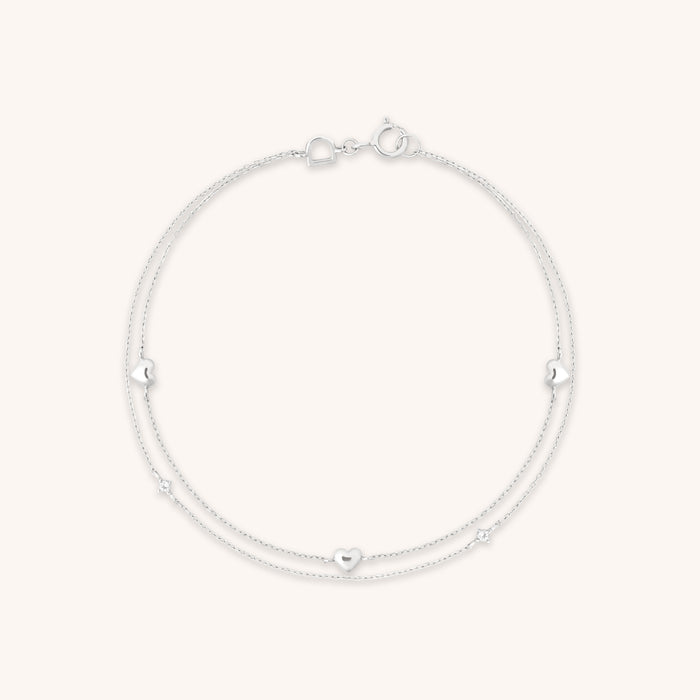 Heart Charm Double Chain Bracelet in Solid White Gold