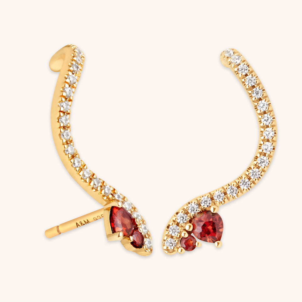 18k Gold Plated Jewellery - Garnet Serpent Climber Studs in Gold - Stud Earrings - Astrid &amp; Miyu