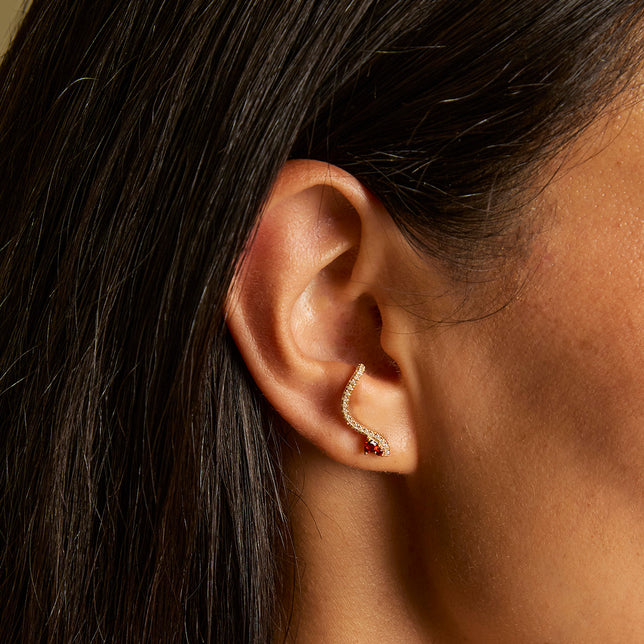 Garnet Serpent Climber Studs in Gold