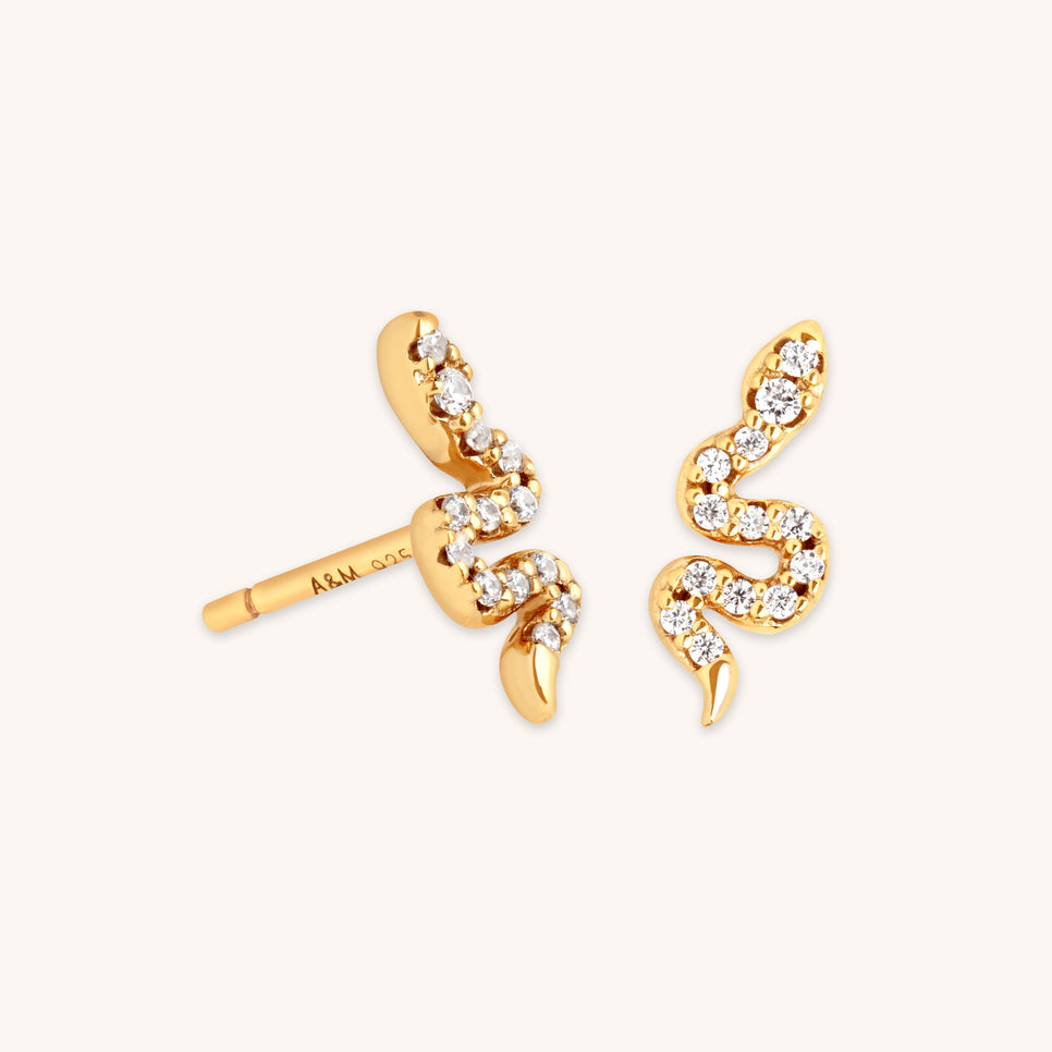 18k Gold Plated Jewellery - Snake Crystal Studs in Gold - Stud Earrings - Astrid &amp; Miyu