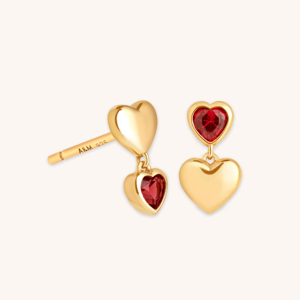 18k Gold Plated Jewellery - Red Heart Drop Studs in Gold - Stud Earrings - Astrid &amp; Miyu