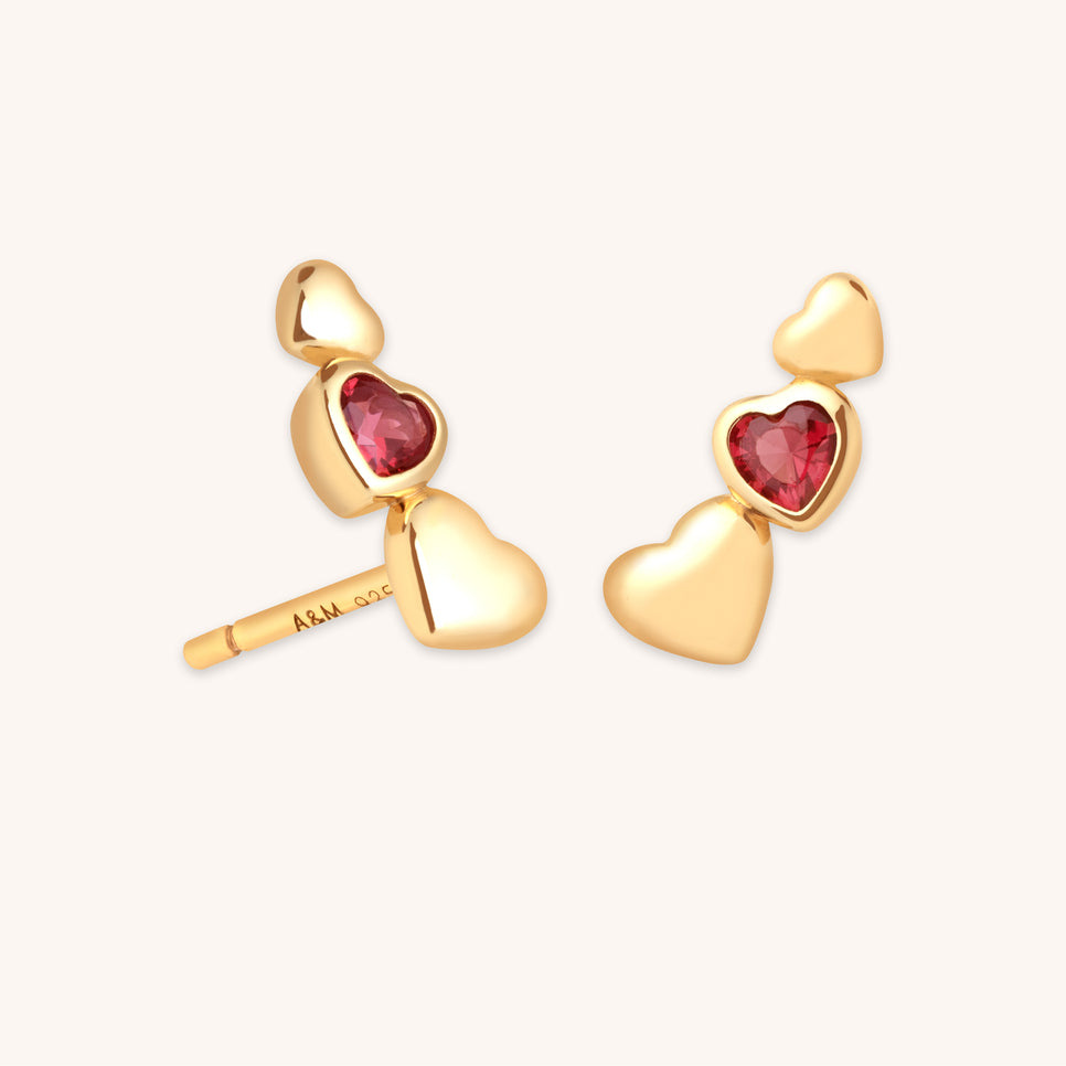 18k Gold Plated Jewellery - Red Heart Climber Studs in Gold - Stud Earrings - Astrid &amp; Miyu