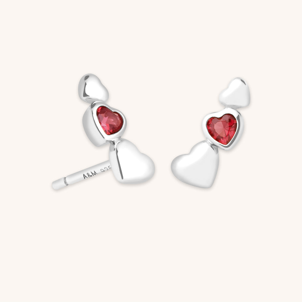 Climber Earrings - Red Heart Climber Studs in Silver - Stud Earrings - Astrid &amp; Miyu