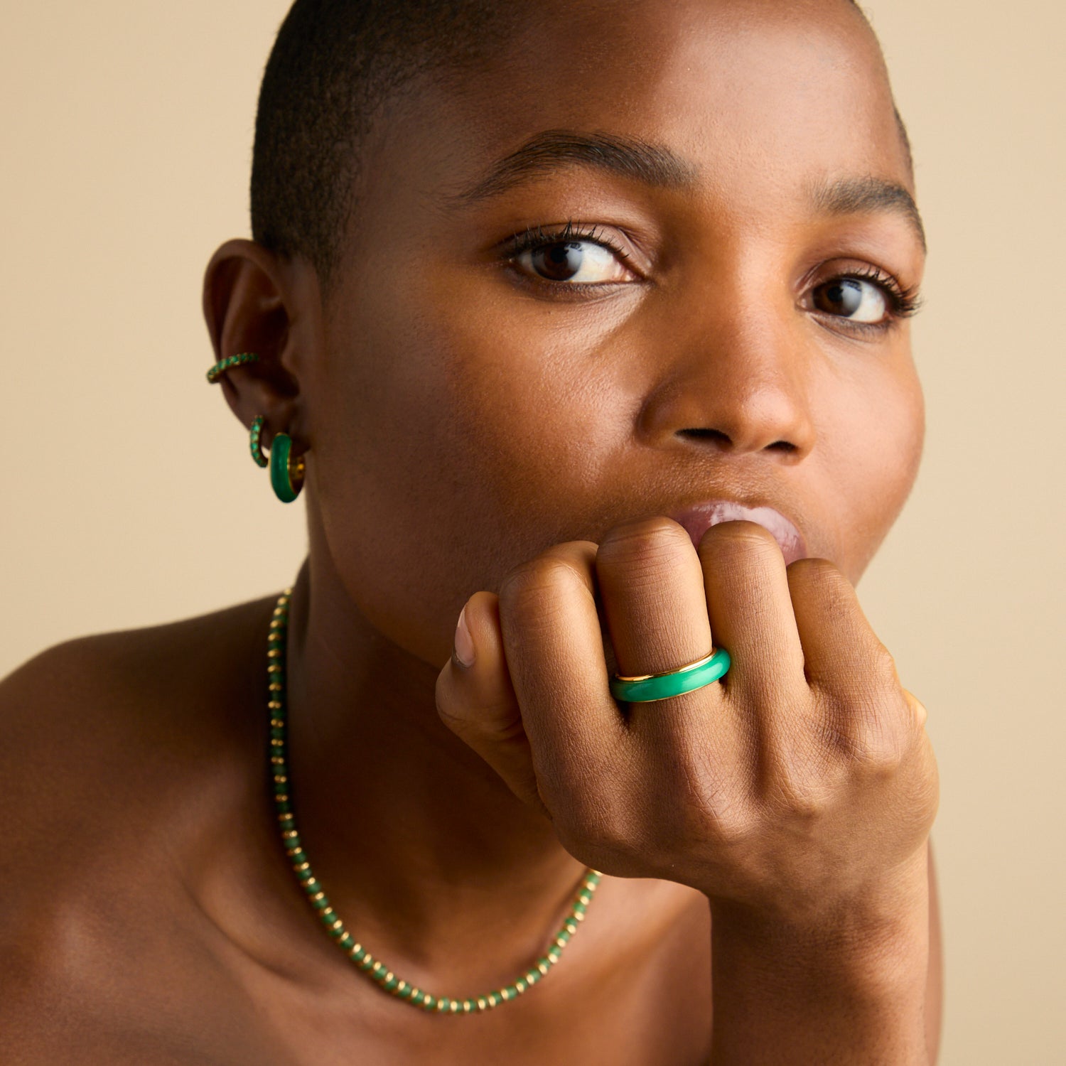 Green Agate Carved Stone Ring in Gold