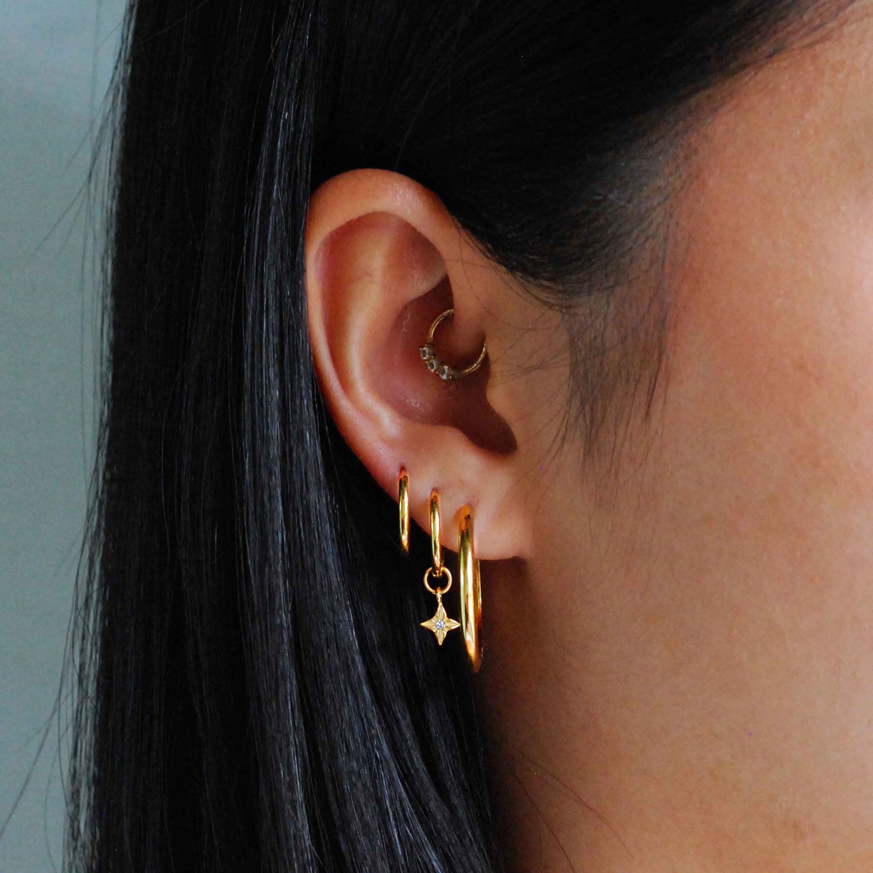 Simple Hinge Hoops in Gold worn shot