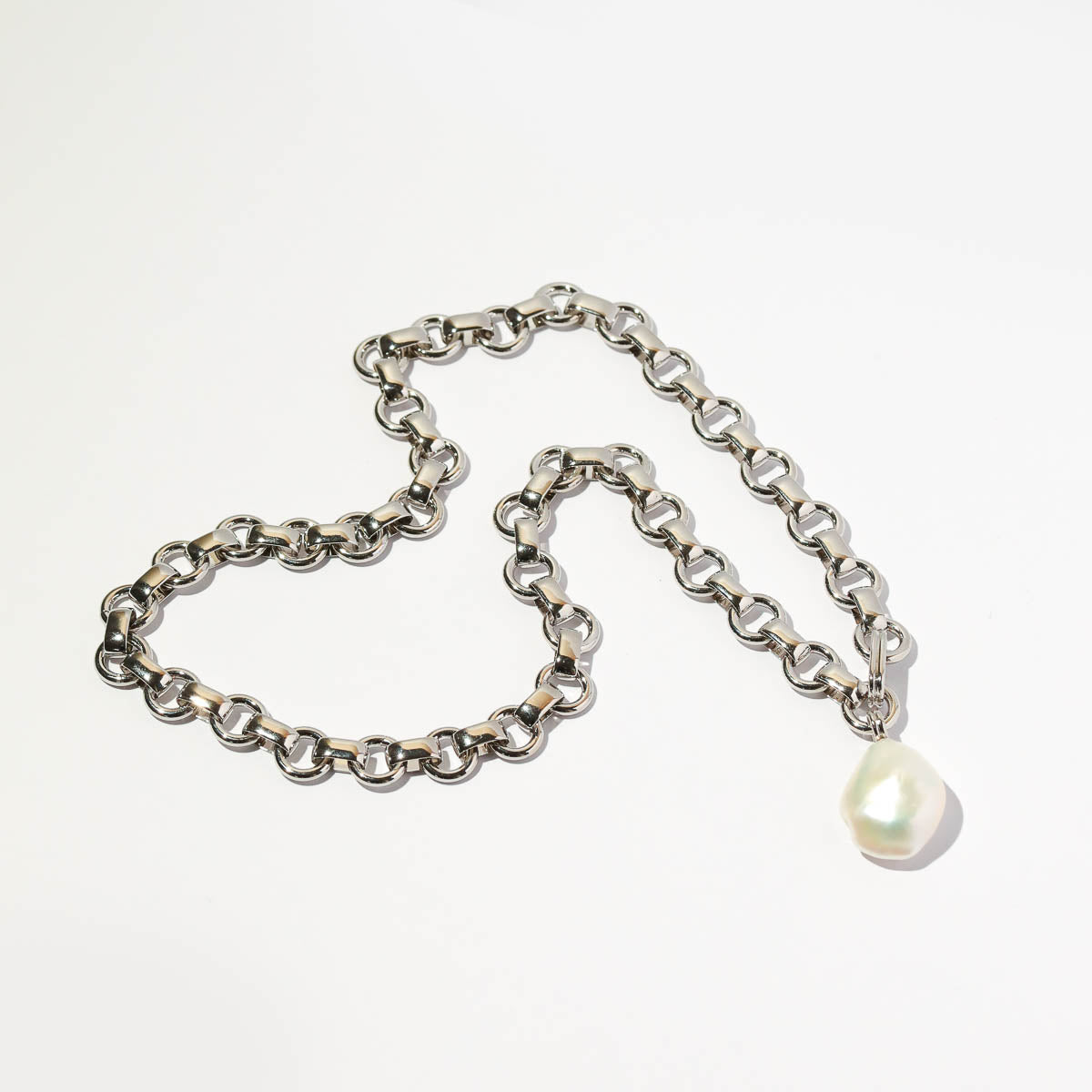 Serenity Pearl Link Chain Necklace in Silver flat lay