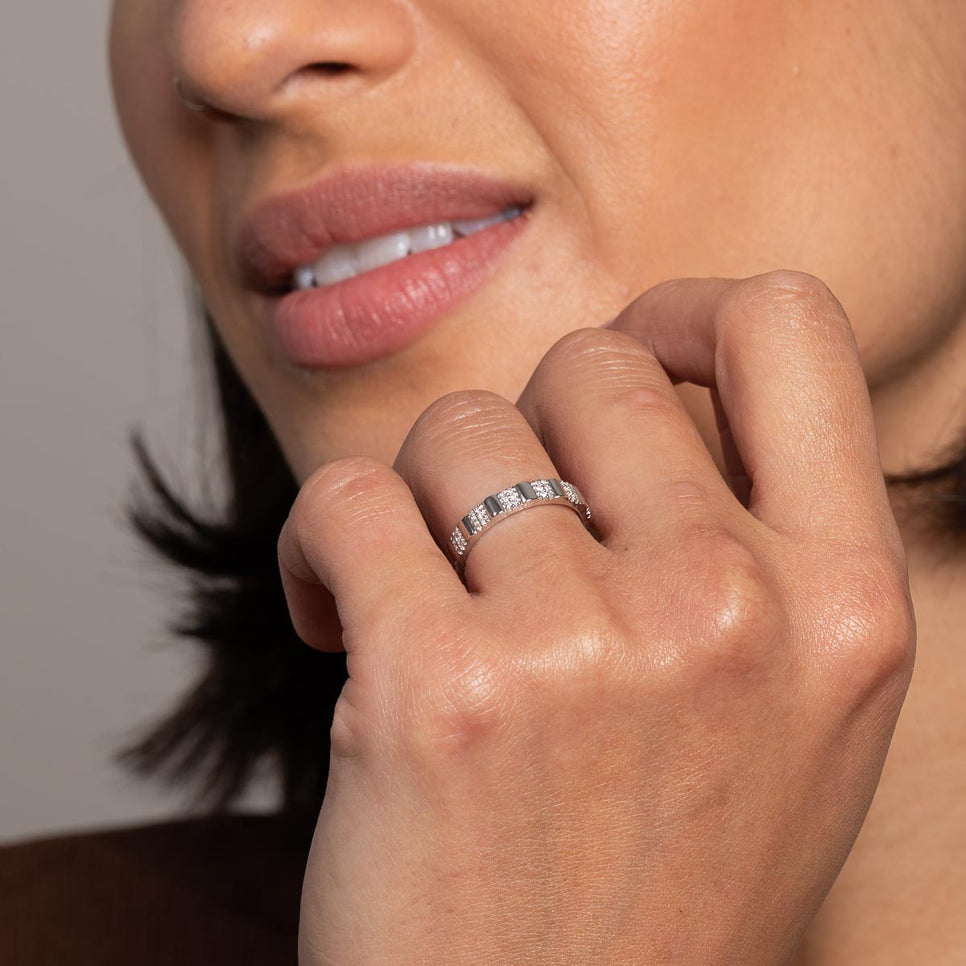 Pleated Crystal Ring in Silver worn