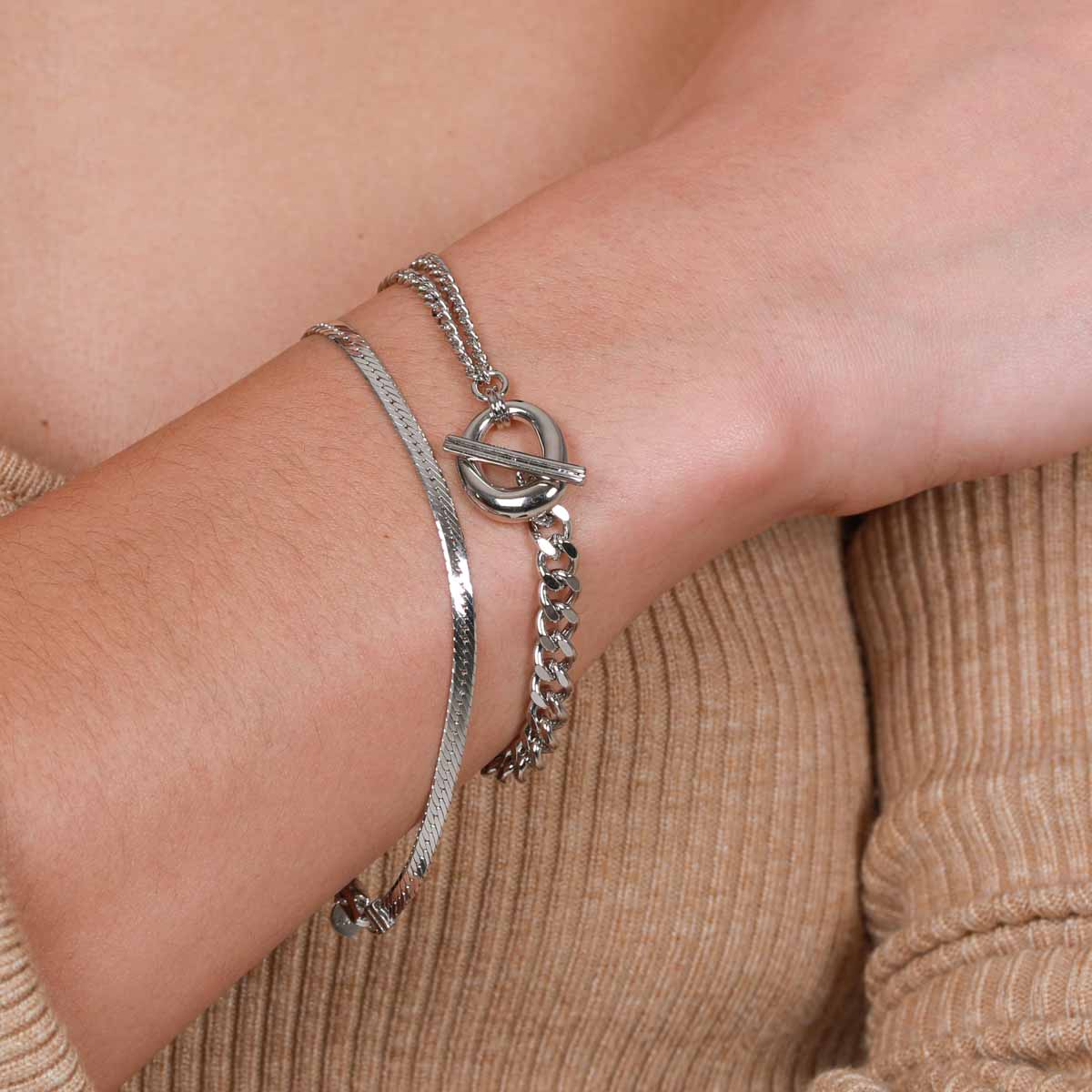 Worn image of the Duo T-Bar Bracelet in Silver