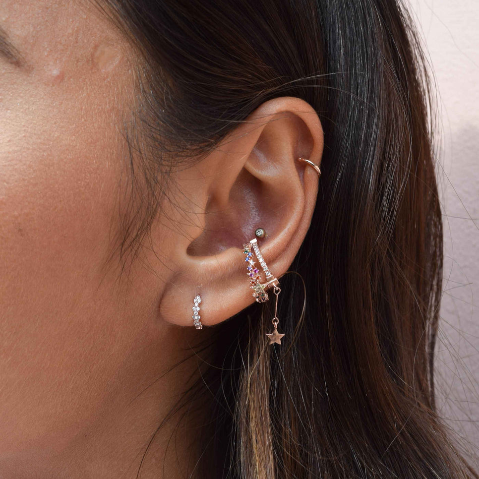 Mystic Gem Huggies in Rose Gold worn with ear cuffs