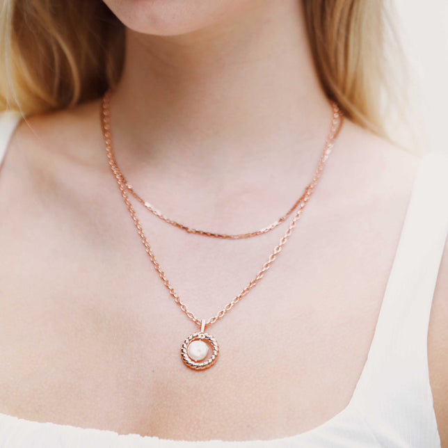 Rope & Pearl Pendant Necklace in Rose Gold worn with chain necklace