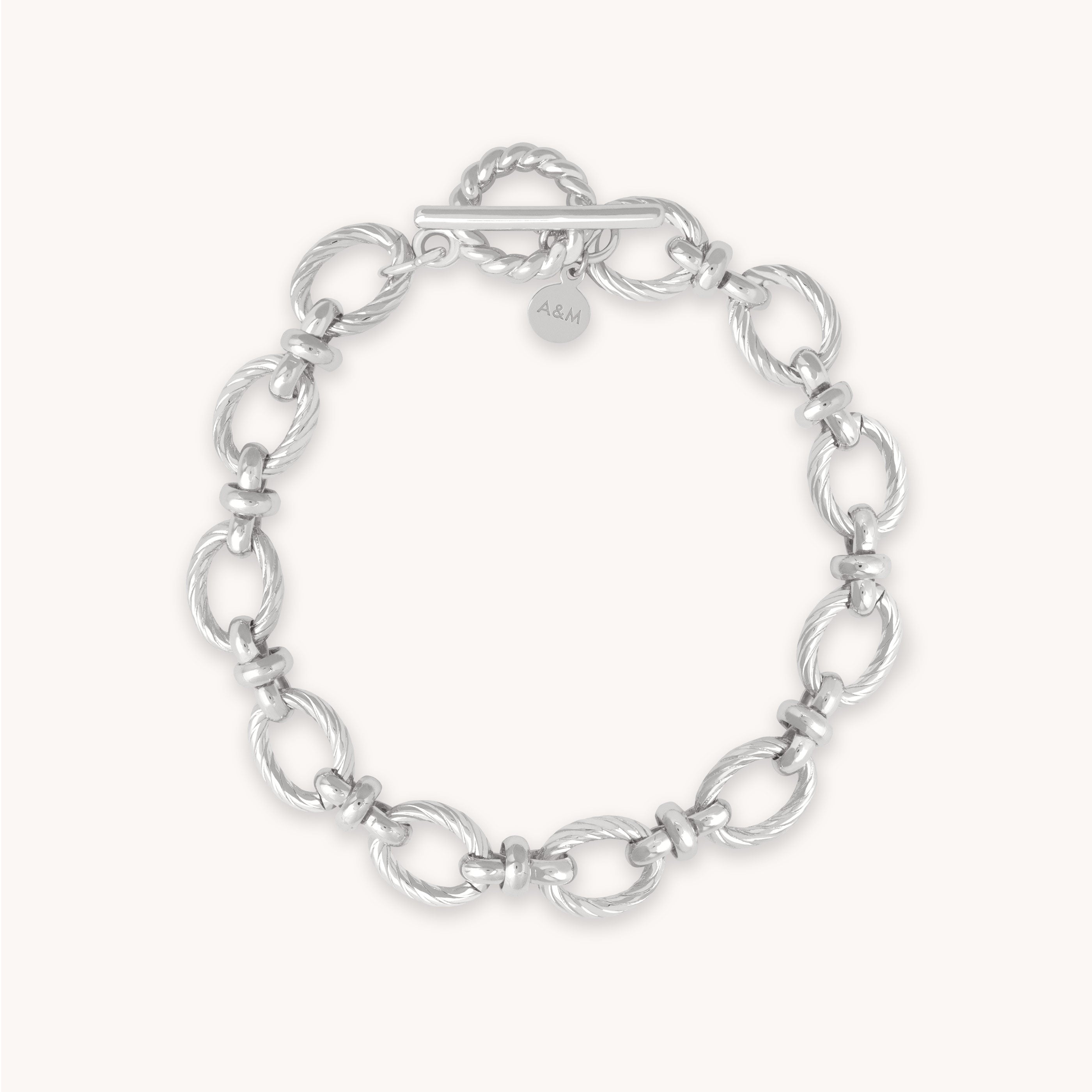 Textured Oval Link T-Bar Bracelet in Silver