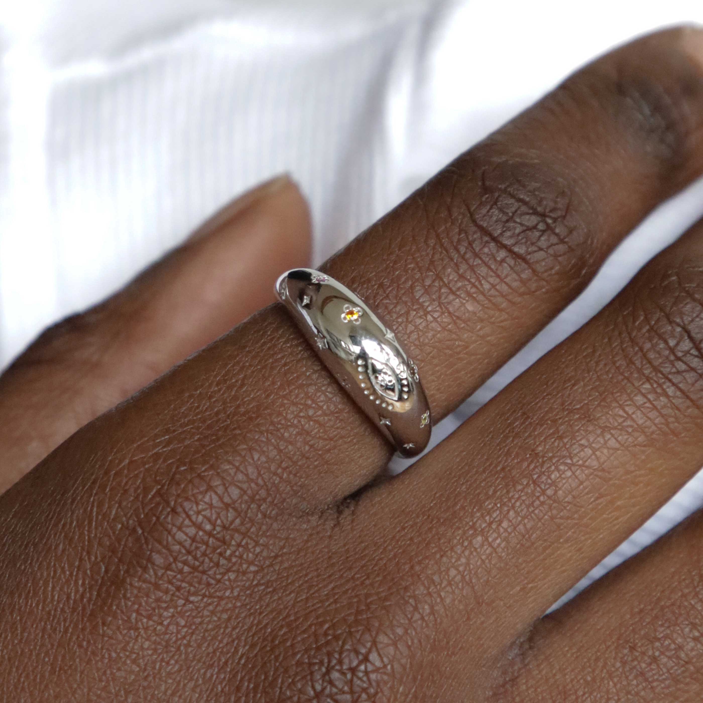 Prism Dome Ring in Silver worn on index finger